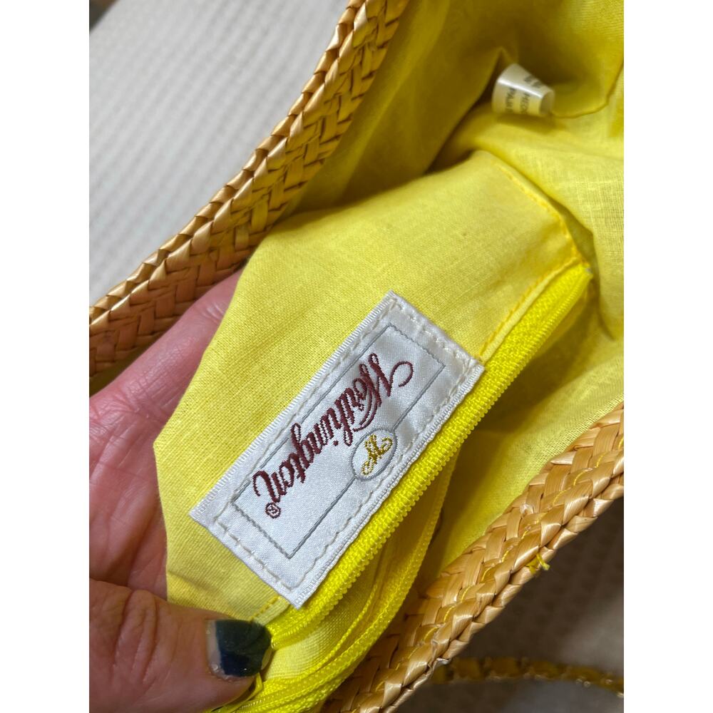 VTG Worthington Straw Bucket Bag W/ Gold Chain Strap & Bright Yellow Lining - Picture 5 of 12